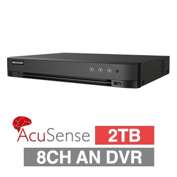 HIKVISION, AcuSense Analogue Turbo HD DVR, 8 ch, 4ch IP support (12ch Total), 1x 2TB SATA HDD (1x 10TB max), Motion 2.0, USB/Network backup, Ethernet, 2x USB, 1 Audio In/1 Out, HDMI/VGA/BNC outputs