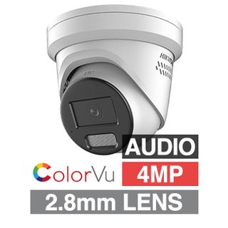 HIKVISION, 4MP ColorVu HD-IP Outdoor Turret camera with Strobe & Audible warning, 2 way audio, White, 2.8mm lens, 30m White LED, WDR, 1/1.8" CMOS, H.265/H.265+, IP67, Tri-axis, 12V DC/PoE