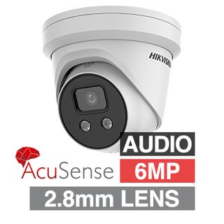 HIKVISION, 6MP AcuSense G2 HD-IP outdoor Turret camera w/ 2-way audio, strobe & audible alarm (LiveGuard), White, 2.8mm fixed lens, 30m IR, WDR, Microphone, I/O (Alarm & Audio), IP67, 12V DC/POE