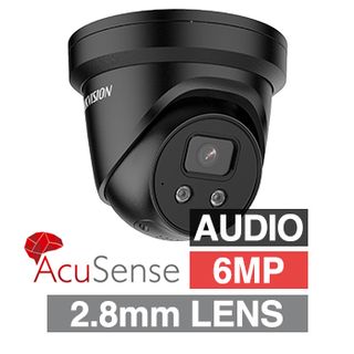 HIKVISION, 6MP AcuSense G2 HD-IP outdoor Turret camera w/ 2-way audio, strobe & audible alarm (LiveGuard), Black, 2.8mm fixed lens, 30m IR, WDR, Microphone, I/O (Alarm & Audio), IP67, 12V DC/POE