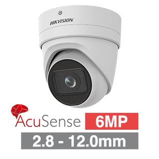 HIKVISION, 6MP AcuSense G2 HD-IP outdoor Vandal Turret camera, White, 2.8-12mm motorised zoom lens, 40m IR, WDR, I/O (Alarm & Audio), 1/2.4” CMOS, H.265+, IP66, IK10, Tri-axis, 12V DC/POE
