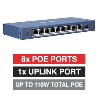 HIKVISION, 10 Port Gigabit Ethernet POE network switch, Unmanaged, 8x 10/100/1000Mbps PoE ports, 1x 10/100/1000Mbps Uplink port, Max port output 60W power, Total POE power up to 110W, IEEE802.3af/at