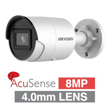 HIKVISION, 8MP AcuSense G2 HD-IP outdoor Mini Bullet camera w/ audio, White, 4.0mm fixed lens, 40m IR, WDR, Microphone, 1/1.8&rdquo; CMOS, H.265+, IP67, Tri-axis, 12V DC/POE