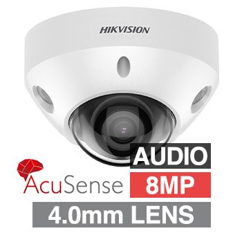 HIKVISION, 8MP AcuSense G2 HD-IP outdoor Vandal Mini Dome camera w/ audio, White, 4.0mm fixed lens, 30m IR, WDR, Microphone, I/O (Alarm & Audio), 1/1.8” CMOS, H.265+, IP67, IK08, Tri-axis, 12V DC/POE