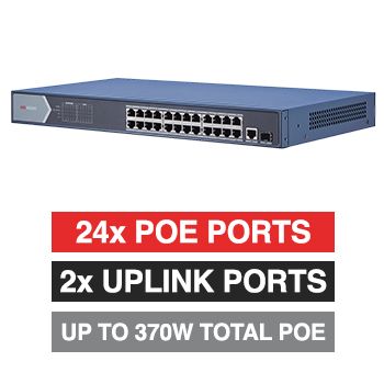 HIKVISION, 26 Port Ethernet POE network switch, Unmanaged, 24x Gbps PoE ports + 1 x Gigabit RJ45 & 1 x SFP Uplink ports, Max port output 30W power, Total POE power up to 370W