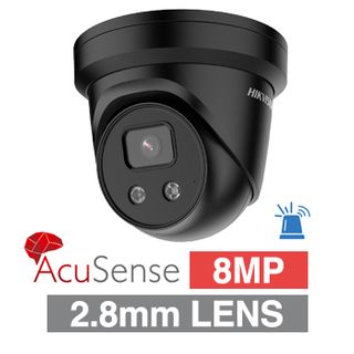 HIKVISION, 8MP AcuSense G2 HD-IP outdoor Turret camera w/ 2-way audio, strobe & audible alarm (LiveGuard), Black, 2.8mm fixed lens, 30m IR, WDR, Microphone, I/O (Alarm & Audio), IP66, 12V DC/POE