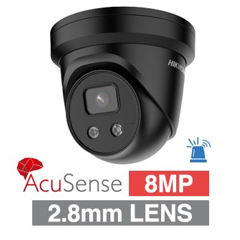 HIKVISION, 8MP AcuSense G2 HD-IP outdoor Turret camera w/ 2-way audio, strobe & audible alarm (LiveGuard), Black, 2.8mm fixed lens, 30m IR, WDR, Microphone, I/O (Alarm & Audio), IP66, 12V DC/POE