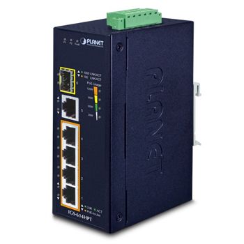 PLANET, 4 Port 10/100/1000 Mbits POE industrial switch, 4 Ports 10/100/1000 Mbits, 1 Gbit uplink ports, 1x 100/1000X Gbit, 15.4 Watt IEEE 802.3af, 220W output max, 12-56V DC,