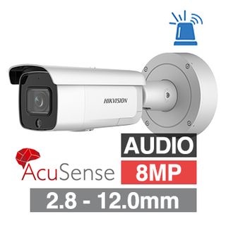 HIKVISION, 8MP AcuSense G2 HD-IP outdoor Bullet camera w/ 2-way audio, strobe & audible alarm (LiveGuard), White, 2.8-12mm motorised zoom lens, 60m IR, WDR, Microphone, I/O (Alarm & Audio), IP66, IK10