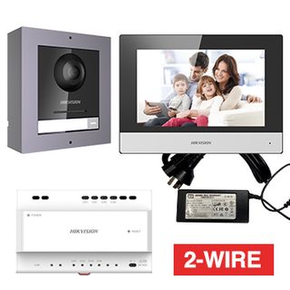 HIKVISION, Intercom, Gen 2, Two wire intercom kit, includes 1 x DS-KD8003-IME2 surface door station, 1 x DS-KH6320-WTE2 7" room station, 1 x KAD704-P, WiFi, Black, AU adapter