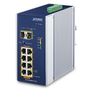 PLANET, 8 Port Managed Industrial switch, 10/100/1000T, 802.3at POE + 2 port 100/1000X SFP, 12V Booster,