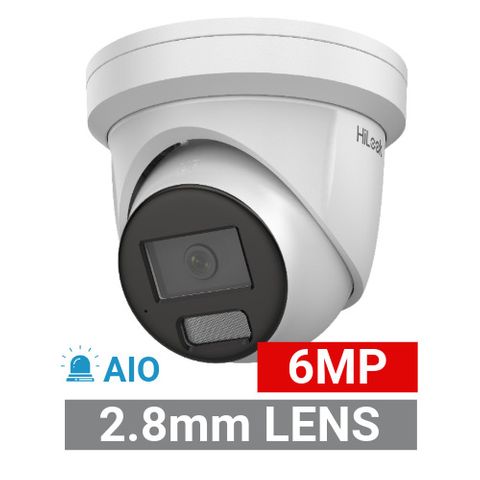 HILOOK, IntelliSense AIO 6MP HD-IP Outdoor Turret camera, Metal, White, 2.8mm fixed lens, 30m IR/White, 120dB WDR, Day/Night (ICR), 1/2.4" CMOS, H.265/H.265+, IP67, Mic/Speaker/Red/Blue, 12V DC/PoE,