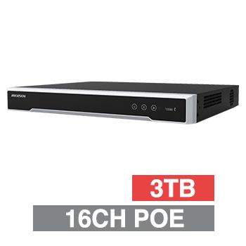 HIKVISION, HD-IP PoE NVR, 16 channel POE (IEEE 802.3af/at), 256Mbps bandwidth, 16CHx4MP Decode, 1x 3TB SATA HDD (2x 14TB max), VMD, Ethernet, 1x USB2.0 & 1x USB3.0, 1 Audio In/Out,8K HDMI/VGA