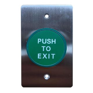 ULTRA ACCESS, Switch plate, Wall, Labelled "Press to Exit", Stainless steel, With green low profile mushroom head push button, N/O and N/C contacts, 22mm Dia Hole,