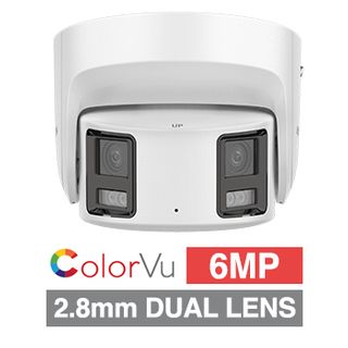 HIKVISION, 6MP Panoramic ColorVu HD-IP Outdoor Turret camera, White, 2.8mm Twin fixed lens, F1.0, 30m White LED, WDR, Day/Night (ICR), 1/1.8" CMOS, H.265/H.265+, IP67, Two-way Audio, 12V DC/PoE