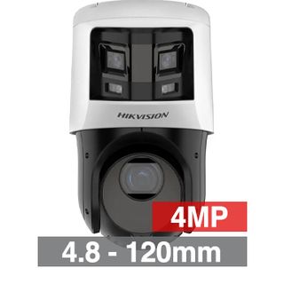 HIKVISION, HD-IP TandemVu Outdoor PTZ camera with 180 Degree ColorVu bullet, 100m IR (PTZ), 25x Zoom (4.8 - 120mm lens)(PTZ), 4MP, 1/2.8" CMOS(PTZ), 0.001Lux, H.265/H.265+, IP66, 12VDC, PoE+, Max 24 W