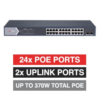 HIKVISION, 24 Port Smart Managed POE network switch, 24x Gigabit PoE ports + 1x Gigabit RJ45 & 1x SFP Uplink ports, Max port output 30W power, Total POE power up to 370W