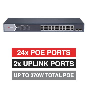 HIKVISION, 24 Port Smart Managed POE network switch, 24x Gigabit PoE ports + 2x Gigabit RJ45 & 2x SFP Uplink ports (Shared), Max port output 30W power, Total POE power up to 370W