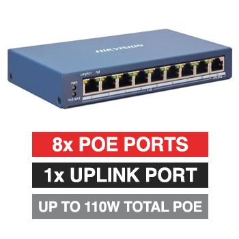 HIKVISION, 8 Port Ethernet Smart POE network switch, Managed, 8x 10/100Mbps PoE ports, 1x 10/100/1000Mbps combo port, Max port output 30W power, Total POE power up to 110W, IEEE802.3af/at