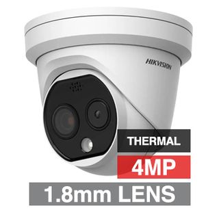 HIKVISION, 4MP Thermal & Optical Outdoor Turret camera, White, 2.0mm fixed lens (optical), 1.8mm fixed lens (thermal), IR (15m), White light (30m), WDR, 1/2.7" CMOS, & H.265+, IP67, 12V DC/PoE