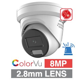 HIKVISION, 8MP Smart Hybrid ColorVu G2 HD-IP outdoor Turret camera w/ 2-way audio, strobe & audible alarm (LiveGuard), White, 2.8mm lens, 30m White LED, WDR, I/O (Alarm & Audio), IP67, 12V DC/POE