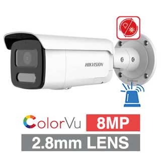 HIKVISION, 8MP Smart Hybrid ColorVu G2 HD-IP outdoor Bullet camera w/ 2-way audio, strobe & audible alarm (LiveGuard), White, 2.8mm lens, 60m White LED, WDR, I/O (Alarm & Audio), IP67, 12V DC/POE