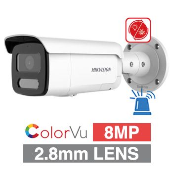 HIKVISION, 8MP Smart Hybrid ColorVu G2 HD-IP outdoor Bullet camera w/ 2-way audio, strobe & audible alarm (LiveGuard), White, 2.8mm lens, 60m White LED, WDR, I/O (Alarm & Audio), IP67, 12V DC/POE