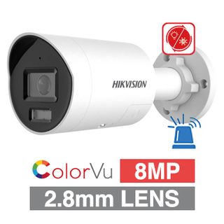 HIKVISION, 8MP Smart Hybrid ColorVu G2 HD-IP outdoor Bullet camera w/ 2-way audio, strobe & audible alarm (LiveGuard), White, 2.8mm lens, 30m White LED, WDR, I/O (Alarm & Audio), IP67, 12V DC/POE