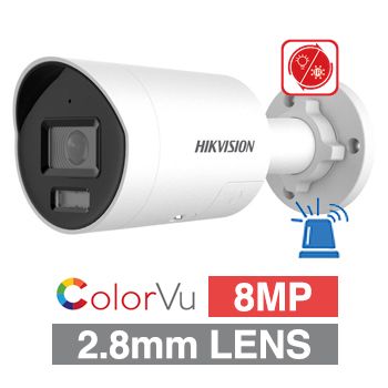 HIKVISION, 8MP Smart Hybrid ColorVu G2 HD-IP outdoor Bullet camera w/ 2-way audio, strobe & audible alarm (LiveGuard), White, 2.8mm lens, 30m White LED, WDR, I/O (Alarm & Audio), IP67, 12V DC/POE