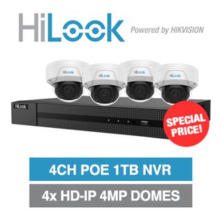 HILOOK, 4 channel HD-IP outdoor vandal dome 4MP kit, Includes 1x NVR-104MH-C/4P-1T 4ch POE NVR w/ 1TB HDD, 4 x IPC-D140H-M-2.8 2.8mm vandal domes