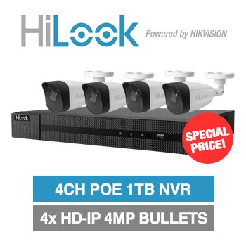 HILOOK, 4 channel HD-IP mini Bullet 4MP kit, Includes 1x NVR-104MH-C/4P-1T 4ch POE NVR w/ 1TB HDD, 4 x IPC-B140H-M-2.8 2.8mm mini bullets,