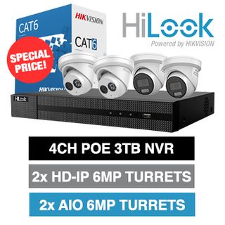 HILOOK, 4 channel HD-IP turret 6MP kit, Includes 1x NVR-104MH-C/4P-3T 4ch POE NVR w/ 3TB HDD, 2x IPC-T261H-M-2.8 IntelliSense 2.8mm turrets, 2x IPC-T269H-MU/SL-2.8 AIO 2.8mm turret & 1x CAT6 305m box