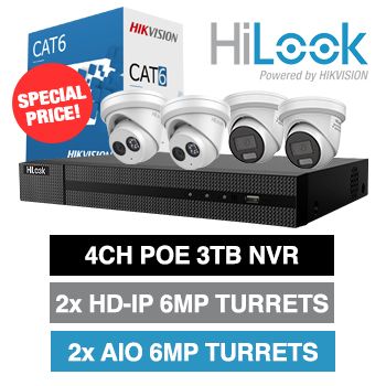 HILOOK, 4 channel HD-IP turret 6MP kit, Includes 1x NVR-104MH-C/4P-3T 4ch POE NVR w/ 3TB HDD, 2x IPC-T261H-M-2.8 IntelliSense 2.8mm turrets, 2x IPC-T269H-MU/SL-2.8 AIO 2.8mm turret & 1x CAT6 305m box