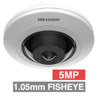 HIKVISION, 5MP HD-IP Mini Dome Fisheye 360 degree camera, White, 1.05mm fixed lens, 8rm IR, 120 dB WDR, 1/2.7" CMOS, H.265/H.265+, Microphone, Audio input,12V DC/PoE