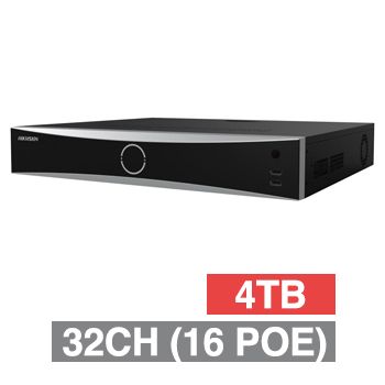 HIKVISION, HD-IP PoE NVR, DeepInMind, 32 channel (16 ch POE (IEEE 802.3af/at)), 320Mbps bandwidth, 4x 14TB SATA HDD max, DeepinView, Ethernet, 2x USB2.0 & 1x USB3.0, 16 Alarm In/ 4 Out, 2x HDMI/VGA