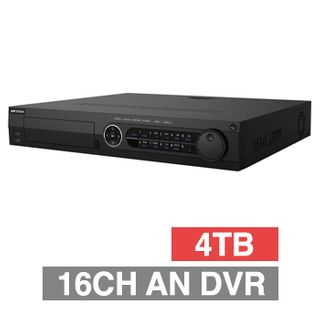 HIKVISION, Analogue Turbo HD DVR, 16 ch, 18ch IP support (34ch Total), 1x 4TB, up to 4x 12TB, VMD, USB/Network backup, 2 x RJ45 LAN, 3 x USB, 4 Audio In/2 Out, 2xHDMI, 1xVGA, 1xBNC Outputs