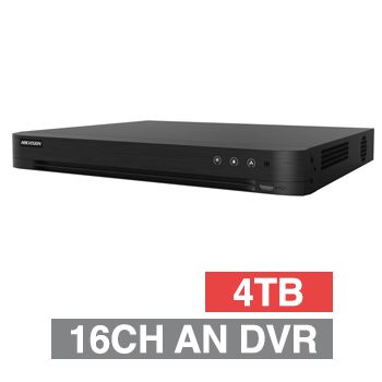 HIKVISION, AcuSense Analogue Turbo HD DVR, 16 ch, 8ch IP support (24ch Total), 1x 4TB SATA HDD (2x 10TB max), Motion 2.0, USB/Network backup, Ethernet, 2x USB, 1 Audio In/1 Out, HDMI/VGA/BNC outputs