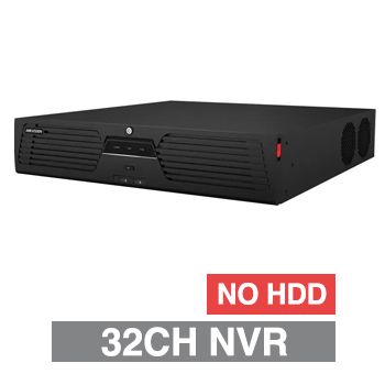 HIKVISION, 8K-IP NVR, 32 channel, 320Mbps bandwidth, NO HDD, (8x 14TB max), RAID, VMD, USB/Network backup, 2 x Ethernet, 2x USB2.0 & 2x USB3.0, 1 Audio In/Out, 2x HDMI/2x VGA