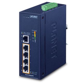 PLANET, 5 Port Industrial switch, 4 10/100/1000 Mbps POE 30 Watt ports, Hardened -40 to +75 degrees C, IP30 case, DIN rail and wall mount, 12-54VDC input required
