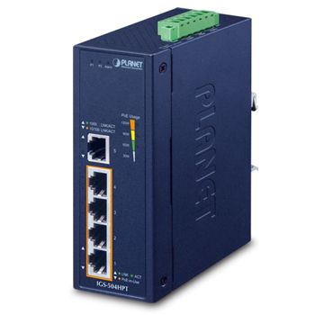 PLANET, 5 Port Industrial switch, 4 10/100/1000 Mbps POE 30 Watt ports, Hardened -40 to +75 degrees C, IP30 case, DIN rail and wall mount, 12-54VDC input required