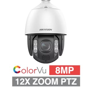 HIKVISION, HD-IP 7" ColorVu Outdoor PTZ camera, 150m IR, 12x Zoom (6.7 - 80.4mm lens), 8.0MP, 1/1.8" CMOS, 0.0005Lux (@F1.2), H.265/H.265+, IP66, 24V AC/Hi-POE