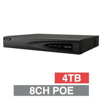 HILOOK, HD-IP PoE K NVR, 8 channel POE (802.3af/at), 80Mbps bandwidth, 1x 4TB SATA HDD (up to 1x 6TB), VMD, USB/Network backup, Ethernet, 2x USB2.0, 1 Audio In/Out, HDMI/VGA (independent), Smartphone