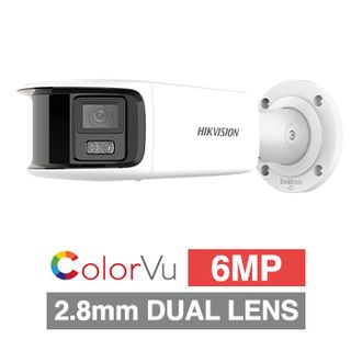 HIKVISION, 6MP Panoramic ColorVu HD-IP Outdoor Bullet camera, White, 2.8mm Twin fixed lens, F1.0, 30m White LED, WDR, Day/Night (ICR), 1/1.8" CMOS, H.265/H.265+, IP67, Two-way Audio, 12V DC/PoE