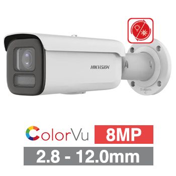 HIKVISION, 8MP Smart ColorVu G2 HD-IP outdoor Bullet camera, White, 2.8-12mm motorised zoom lens, 60m IR/White, WDR, I/O (Alarm & Audio), 1/2.4” CMOS, H.265+, IP67, IK10, Tri-axis, 12V DC/POE