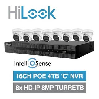 HILOOK, 16 channel IntelliSense HD-IP turret 8MP kit, Includes 1x NVR-216MH-C/16P-4T 16ch POE NVR w/ 3TB HDD & 8x IPC-T381H-MU-2.8 8MP IP IR turret cameras w/ 2.8mm fixed lens