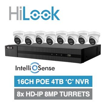 HILOOK, 16 channel IntelliSense HD-IP turret 8MP kit, Includes 1x NVR-216MH-C/16P-4T 16ch POE NVR w/ 3TB HDD & 8x IPC-T381H-MU-2.8 8MP IP IR turret cameras w/ 2.8mm fixed lens