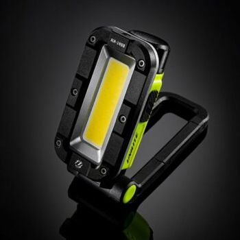 UNILITE, Folding rechargeable LED work light, 1450 lumens, Black copolymer/aluminium, Magnetic mount & clip, 122.5 x 50.5 x 50.5mm (folded), IPX5, 53m beam, 5000mAh Li-ion battery.