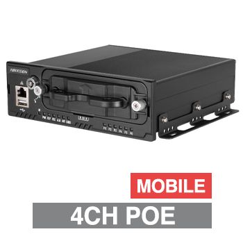 HIKVISION, Mobile HD-IP PoE NVR, 4 channel POE (IEEE 802.3af) (Expandable), up to 4MP maximum, 2x 2.5" HDD/SSD up to 2TB, Ethernet, Optional 3G/4G, Optional WiFi, 1x USB2.0, VGA