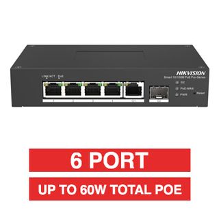 HIKVISION, 6 Port Industrial POE network switch, Non-managed, 4x 10/100Mbps PoE ports (1x Hi-PoE), 1x 1000Mbps uplink, 1x SFP Uplink port,Total POE power up to 60W, IEEE802.3af/at, 48-57V DC,