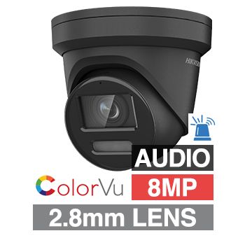 HIKVISION, 8MP ColorVu G2 HD-IP outdoor Turret camera w/ 2-way audio, strobe & audible alarm (LiveGuard), Black, 2.8mm fixed lens, 30m White LED, WDR, Microphone, I/O (Alarm & Audio), IP67, 12V DC/POE